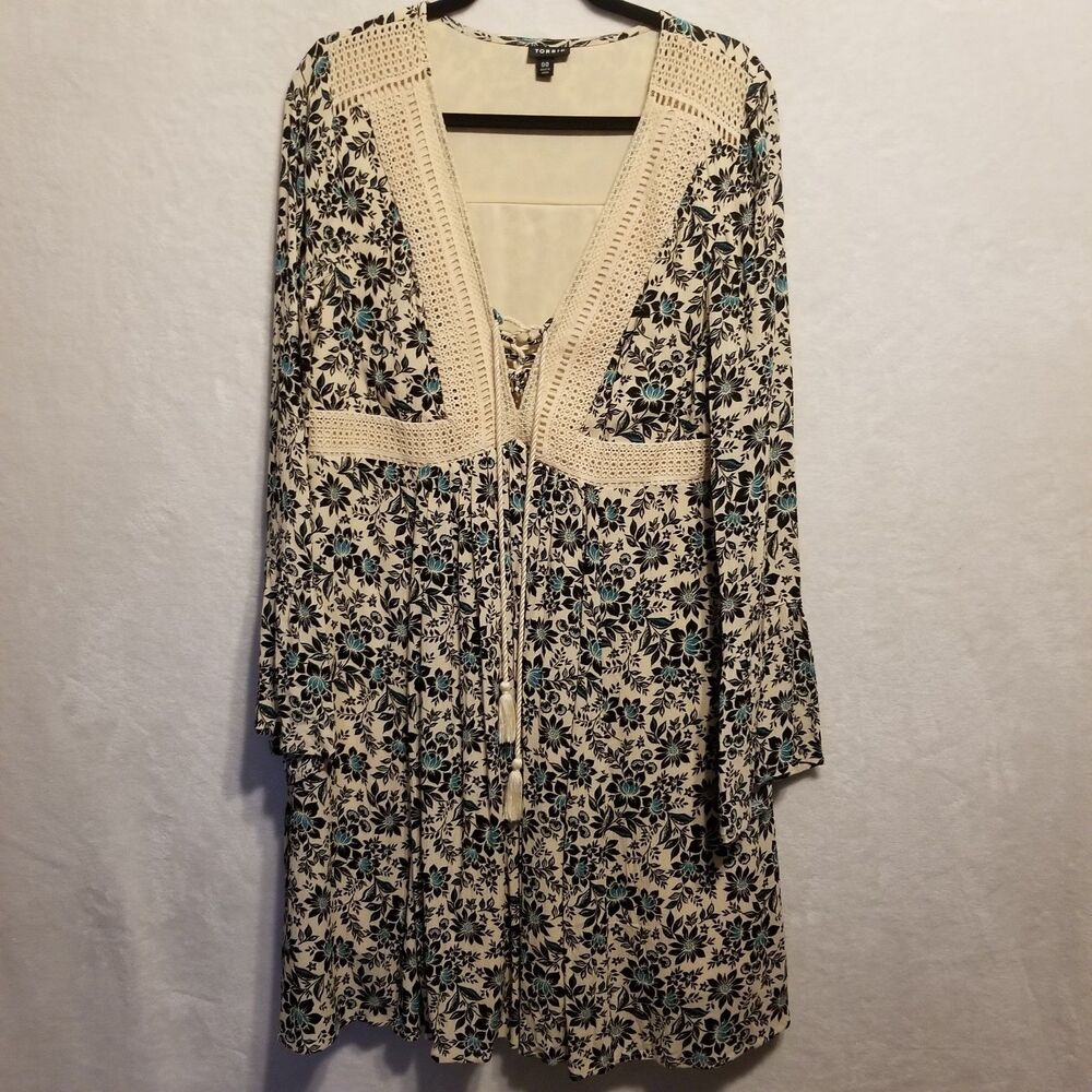 Torrid 00 (L) Dress Mini Beige Blue Floral Lace Trim Boho Western Festival